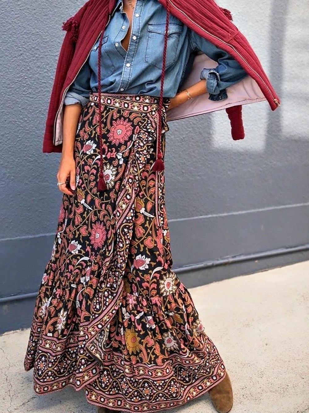 Tracy Evans Paisley Maxi Skirt in Burgundy & Pink Size Small NWT